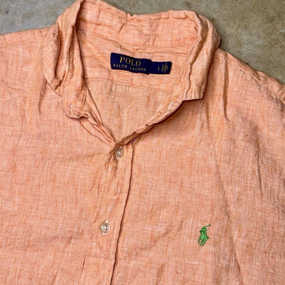 Polo Ralph Lauren Shirt 100% Linen Mens L Short Sleeve Button Down Orange Preppy